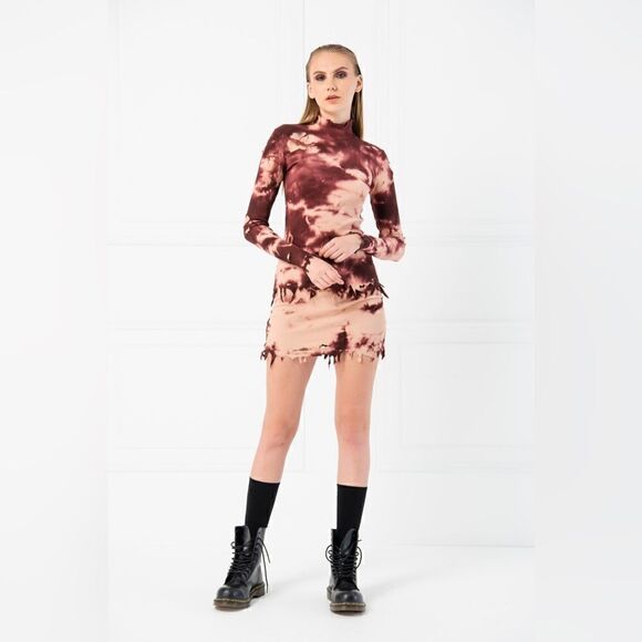 KIKIRIKI BORDEAUX PINK TIE-DYE TURTLENECK TOP & SKIRT SET M - Picture 3 of 9
